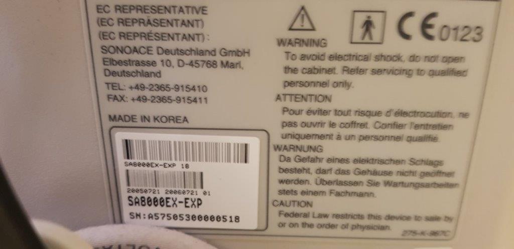 Használt Medison SonoAce 8000EX ultrahang készülék gyári számos címkéje Használt Medison SonoAce 8000EX ultrahang készülék gyári számos címkéje